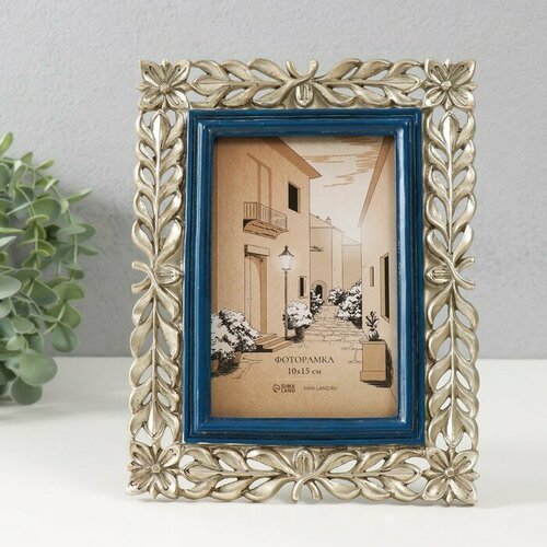 SUI Фоторамка полистоун 10х15 см Цветочная коса синяя с золотом 175х15х227 см 1532₽