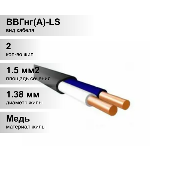 фото (1 м.) ВВГнг(А)-LS 2х1,5-0,66 пл. кабель ГОСТ. Кабель медный силовой в ПВХ вэкз.
