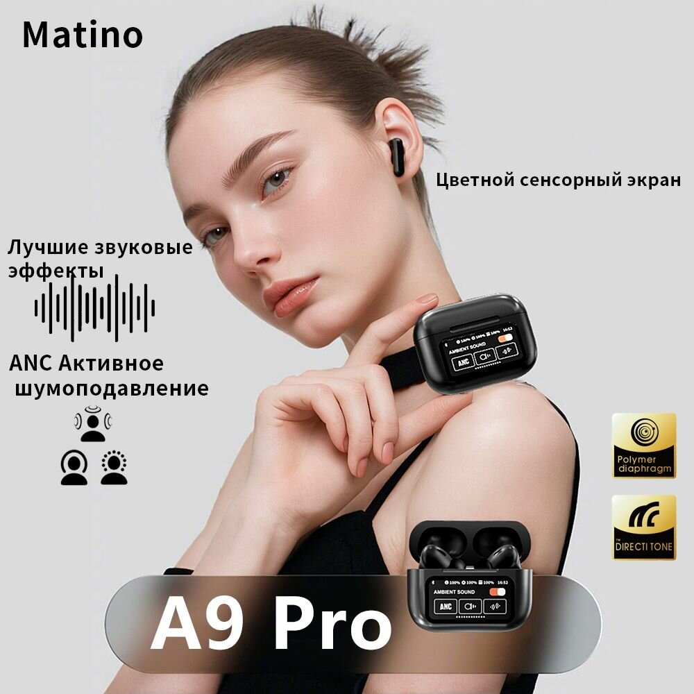 Наушники беспроводные A9 PRO, микрофоном, шумоподавлением, интеллектуальный сенсорные экран, наушники для iOS/Android с экраном, черные — фото 1