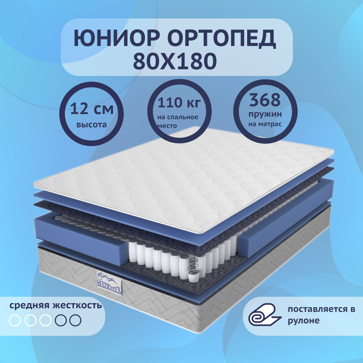 Матрас детский 80х180 юниор ортопед MATRATEX, независимые пружины, средняя жесткость, матрас в кроватку, двусторонний