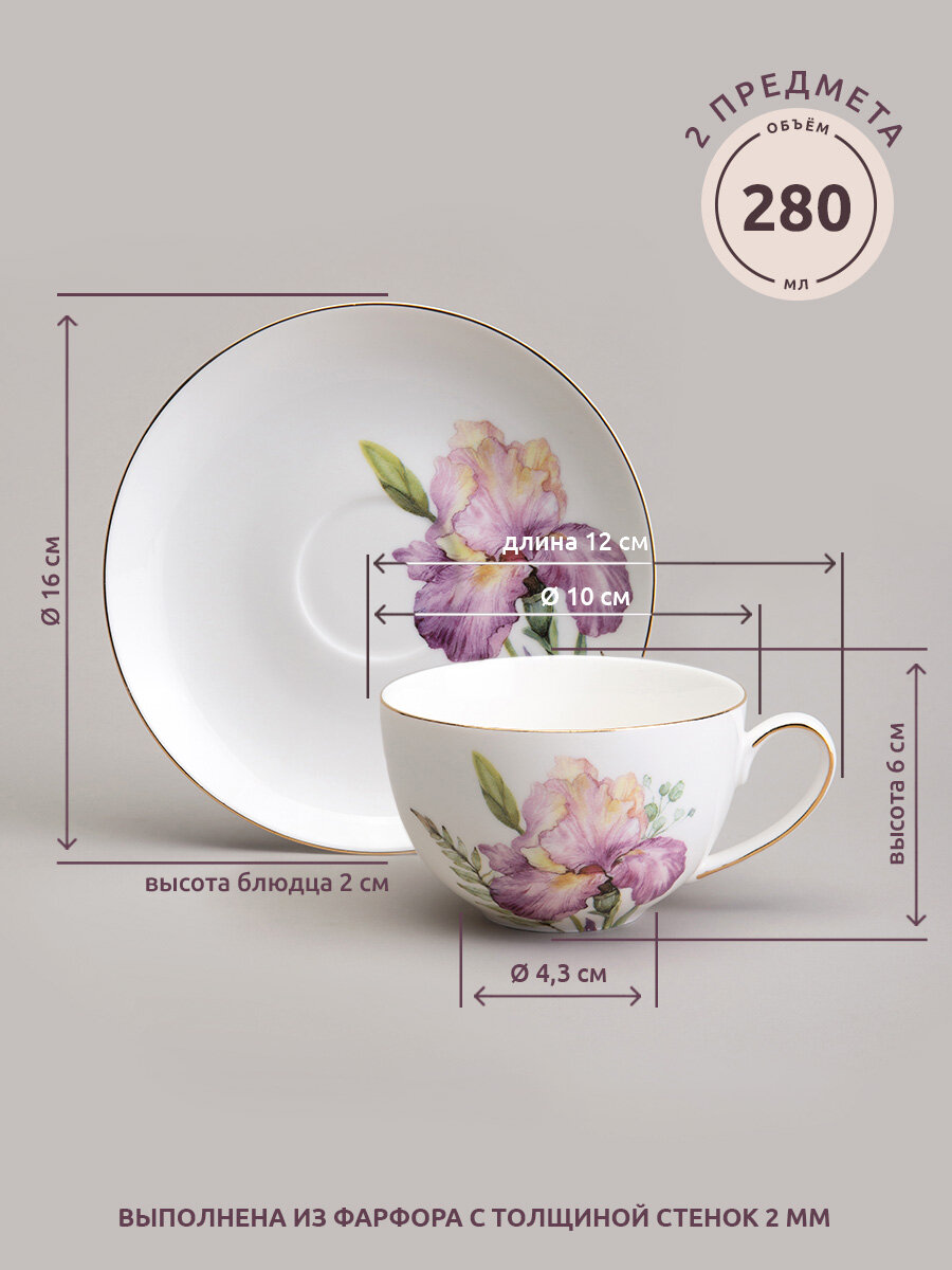 Чайная пара Lefard "Irises", на 1 персону, 2 предмета, фарфоровая, 280 мл. — фото 1