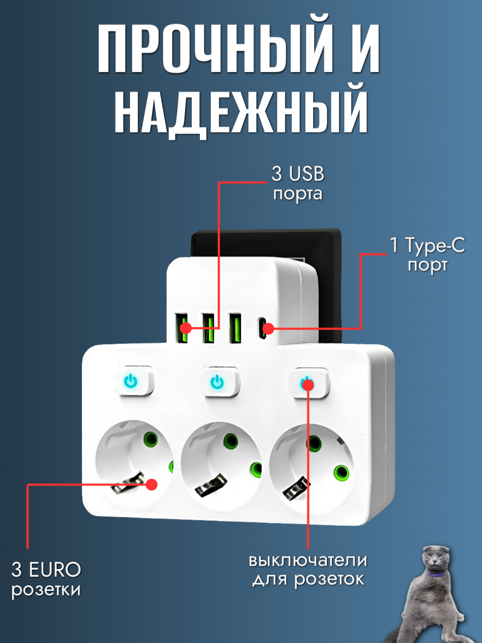 Сетевой фильтр Тройник для розетки плоский с USB и Type-C разветвитель электрический с выключателями — фото 1