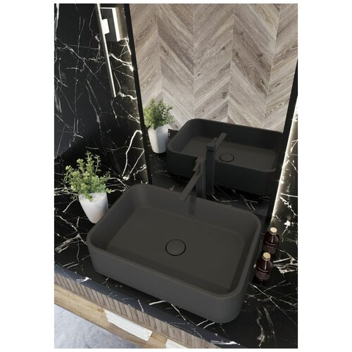 Раковина для ванной комнаты накладная Treia Floreshta 56*38 см, прямоугольная, черная (космос)