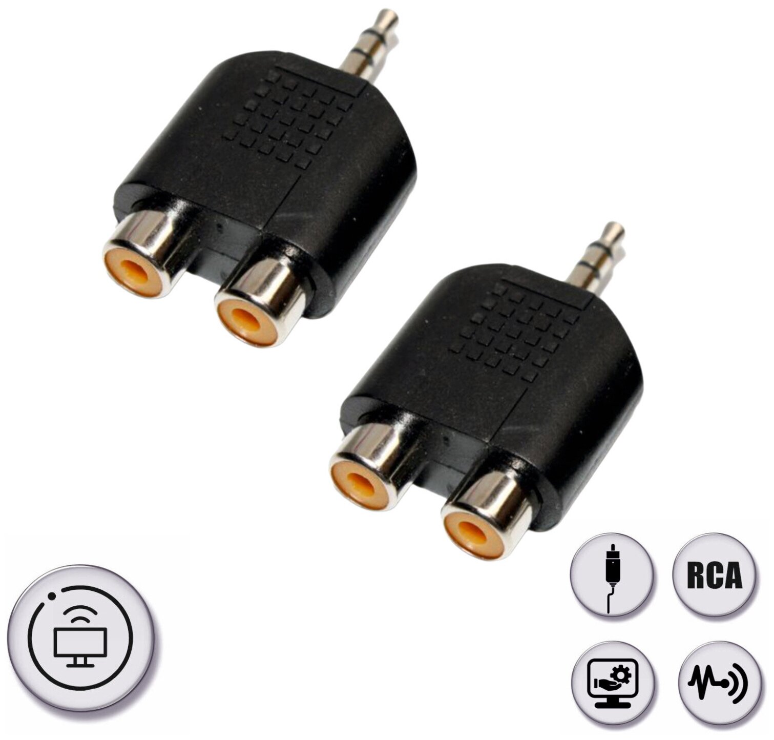 Переходник 2 гнезда RCA (мама) - штекер 3.5 мм стерео (3 pin) mini-jack (папа), 2 шт