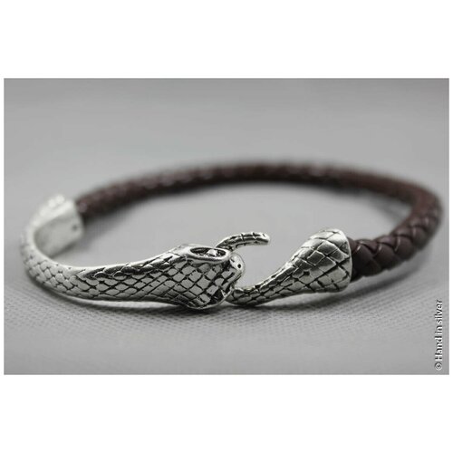 Жесткий браслет Handinsilver ( Посеребриручку ) Браслет кожаный с застежкой змея, 1 шт., размер 23 см, коричневый