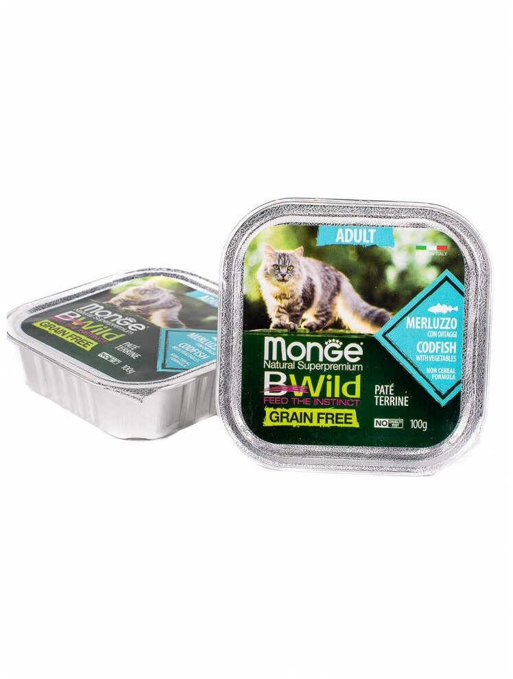 Monge Cat BWild GRAIN FREE беззерновые консервы из трески с овощами для взрослых кошек 100г - фотография № 12