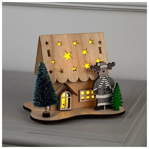 Светодиодная фигура «Дом с оленем» 11 × 15 × 3 см, дерево, батарейки LR41х3, свечение тёплое белое