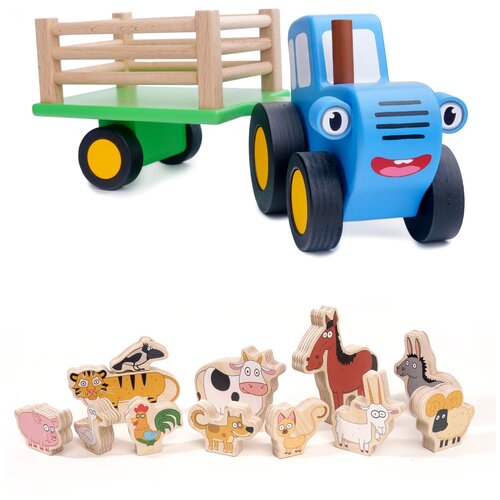Игровой набор Bochart Синий Трактор Гоша 11 см с прицепом и набор животных (фанера) Едет трактор