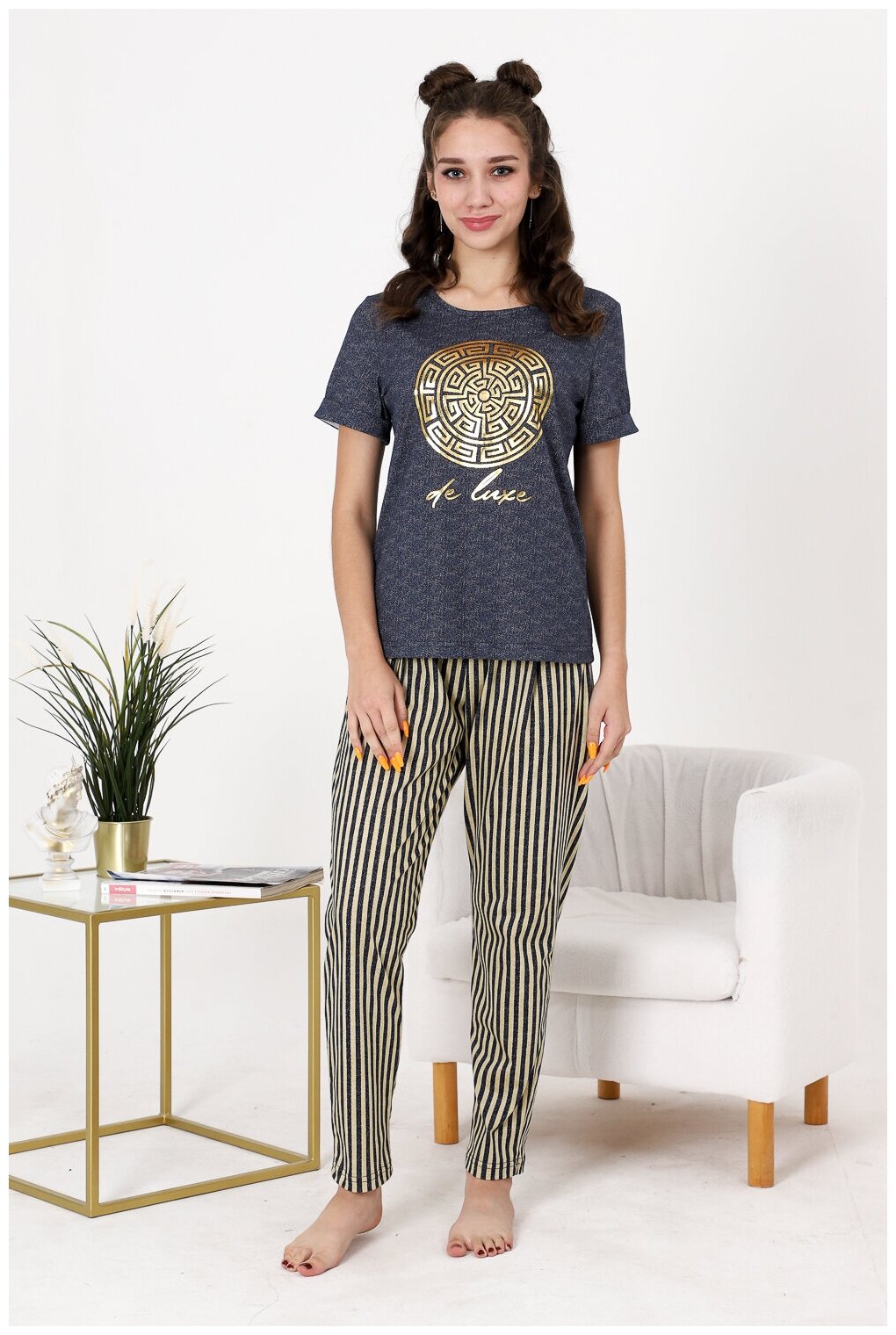 Женский домашний костюм (футболка+ брюки) в цвете джинс, размер 44 - фотография № 6