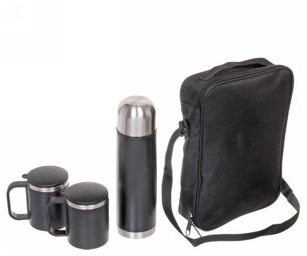 Набор походный 3предмета в сумке (Термос 500мл+2термокружки 200мл) черный - фотография № 1
