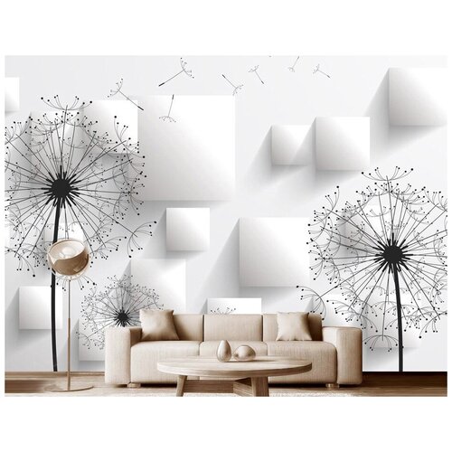 Фотообои на стену флизелиновые Модный Дом Одуванчики с белыми квадратами 350x250 см (ШxВ), в спальню, гостиную
