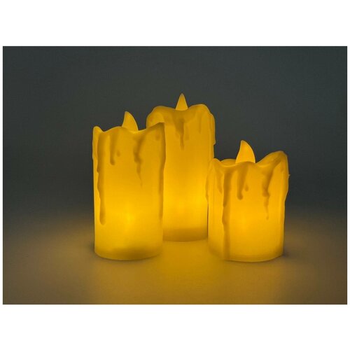 Набор свечей 3шт оплавленные с волнистой кромкой пластиковые светодиодные с пультом ДУ, на батарейках высота 15*7,5 см, 12*7,5 см, 10*7,5 см