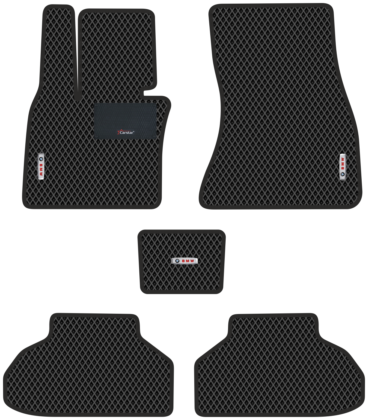 Автомобильные коврики EVA для BMW X6 II F16 (2014-н/в) с каучуковым подпятником и 3 эмблемами BMW чёрные с чёрным кантом ячейка - ромб