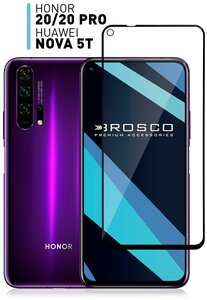 Фото Защитное стекло для Honor 20, Honor 20 Pro, Huawei Nova 5T (Хонор 20 Про, Хонор 20, Хуавей Нова 5Т) Закалённое, олеофобное покрытие, ROSCO с рамкой