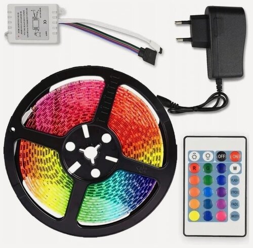 Изображение товара Светодиодная многоцветная RGB лента, 5 м. с блоком питания и пультом
