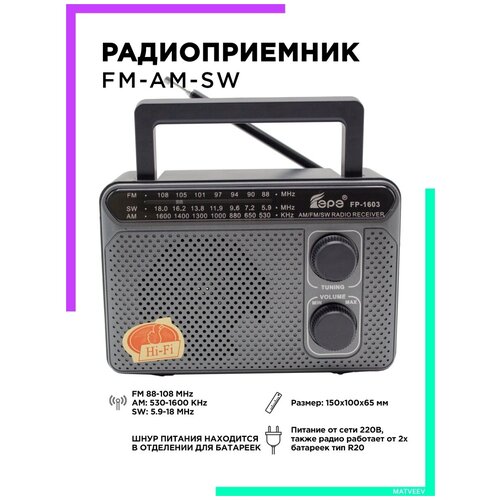 Радиоприемник AM-FM-SW питание от сети 220В FP-1603серый Fepe радиоприемник в классическом стиле с расширенным радио am fm sw