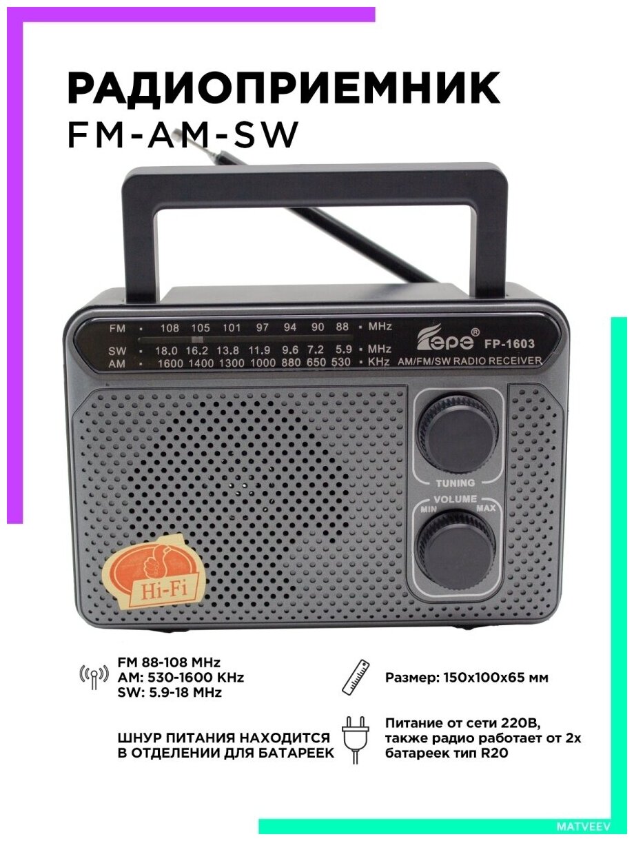 Радиоприемник AM-FM-SW питание от сети 220В FP-1603серый Fepe