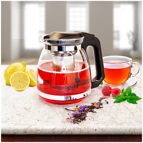 Заварочный чайник стеклянный с фильтром, классической формы, черный 1500 мл. AUFFMAN