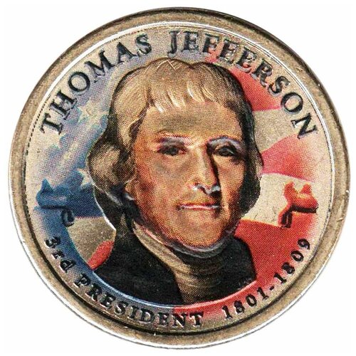 сша 1 доллар 2007 г президенты сша томас джефферсон d (03p) Монета США 2007 год 1 доллар Томас Джефферсон Вариант №2 Латунь COLOR. Цветная