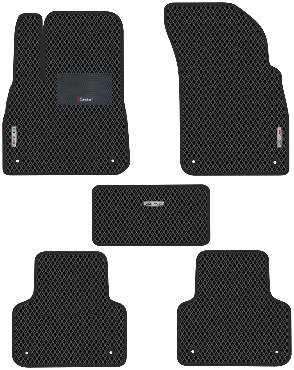Автомобильные коврики EVA для Audi Q7 II (2015-н/в) с каучуковым подпятником и 3 эмблемами Audi чёрные с чёрным кантом ячейка - ромб