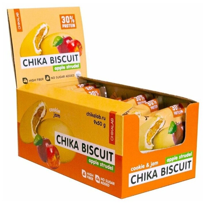 CHIKALAB Неглазированное печенье CHIKA BISCUIT с начинкой 50г (9шт коробка) (Яблочный штрудель)