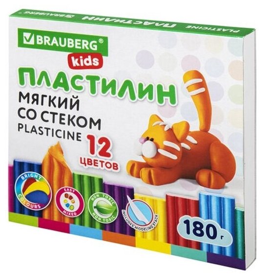 Пластилин Brauberg мягкий восковой KIDS, 12 цветов, 180 г, со стеком, 106495