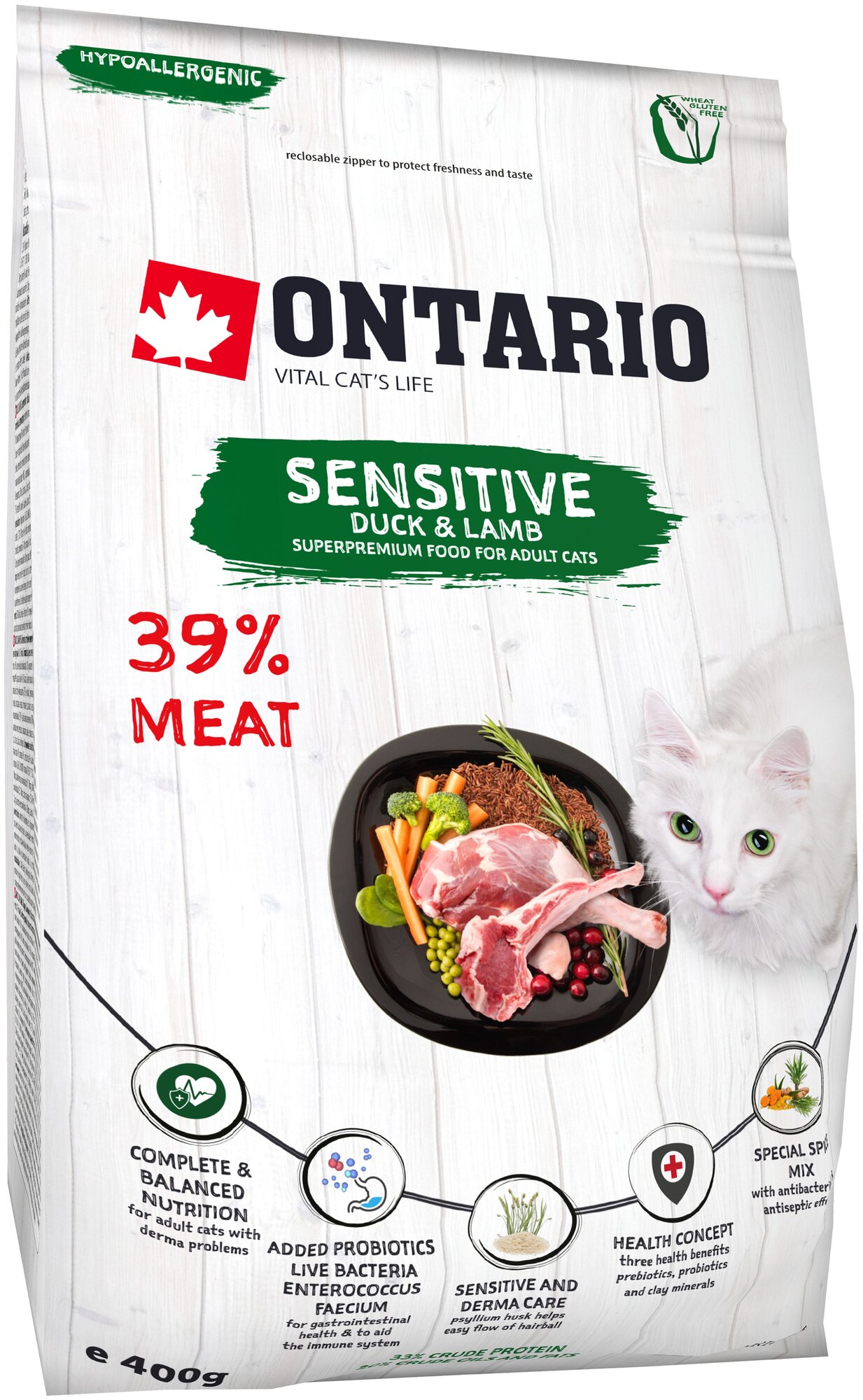 Корм Ontario Sensitive для кошек с чувствительным пищеварением, с уткой и ягненком, 400 г - фотография № 8