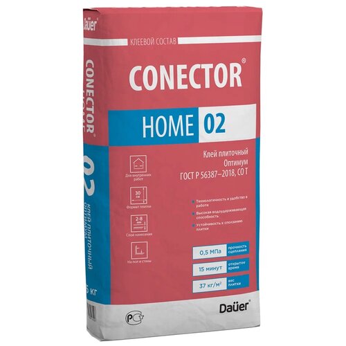 Клей для плитки Dauer Conector home 02 серый 18 л 25 кг клей для плитки dauer conector home 02 оптимум серый класс с0 т 25 кг