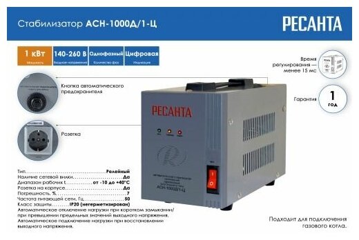 Стабилизатор напряжения однофазный Ресанта АСН-1000Д/1-Ц - фотография № 6