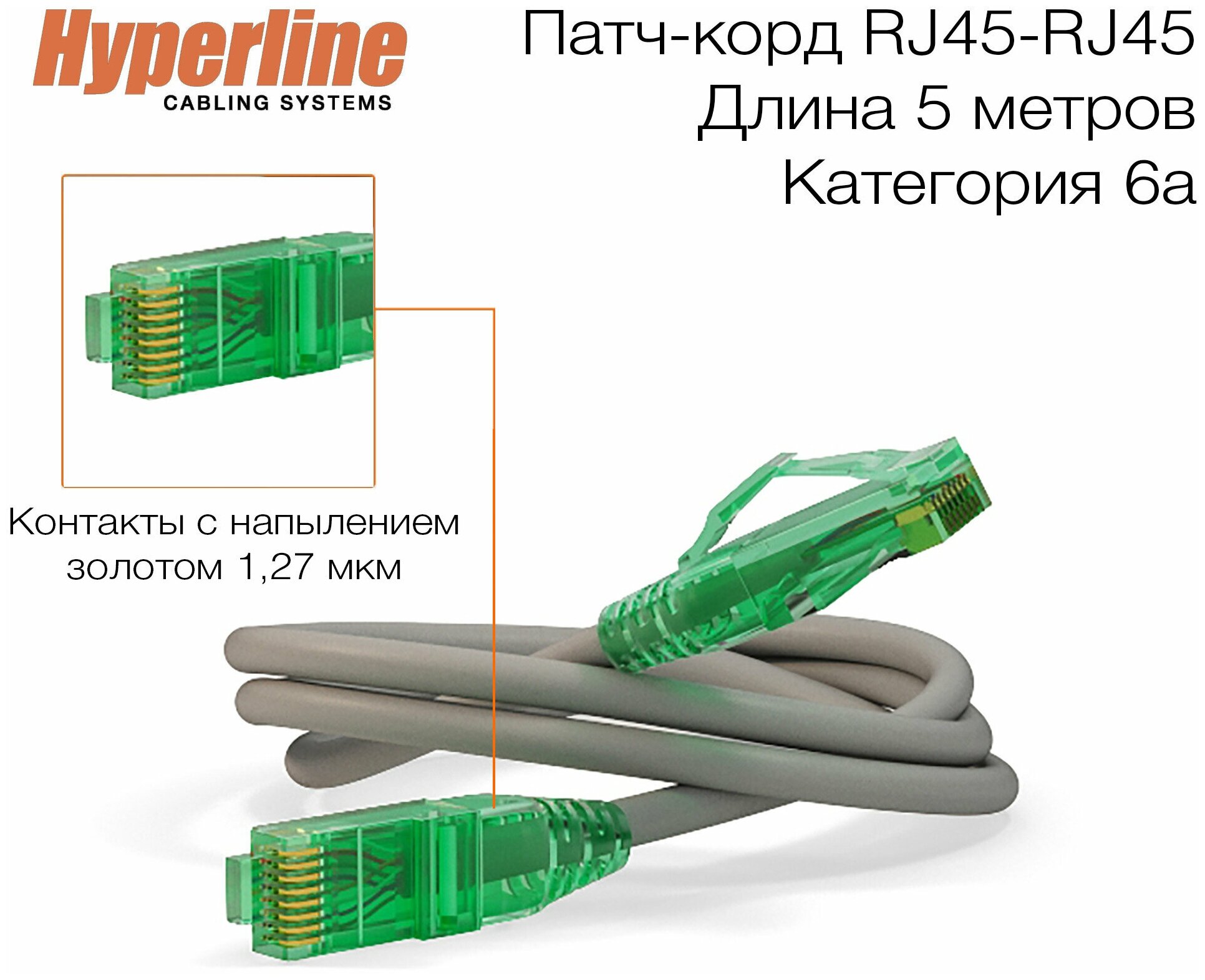 Патч-корд Hyperline U/UTP, сетевой кабель Ethernet Lan для интернета, категория 6а, витой, 100% Fluke, LSZH, 5 м, серый