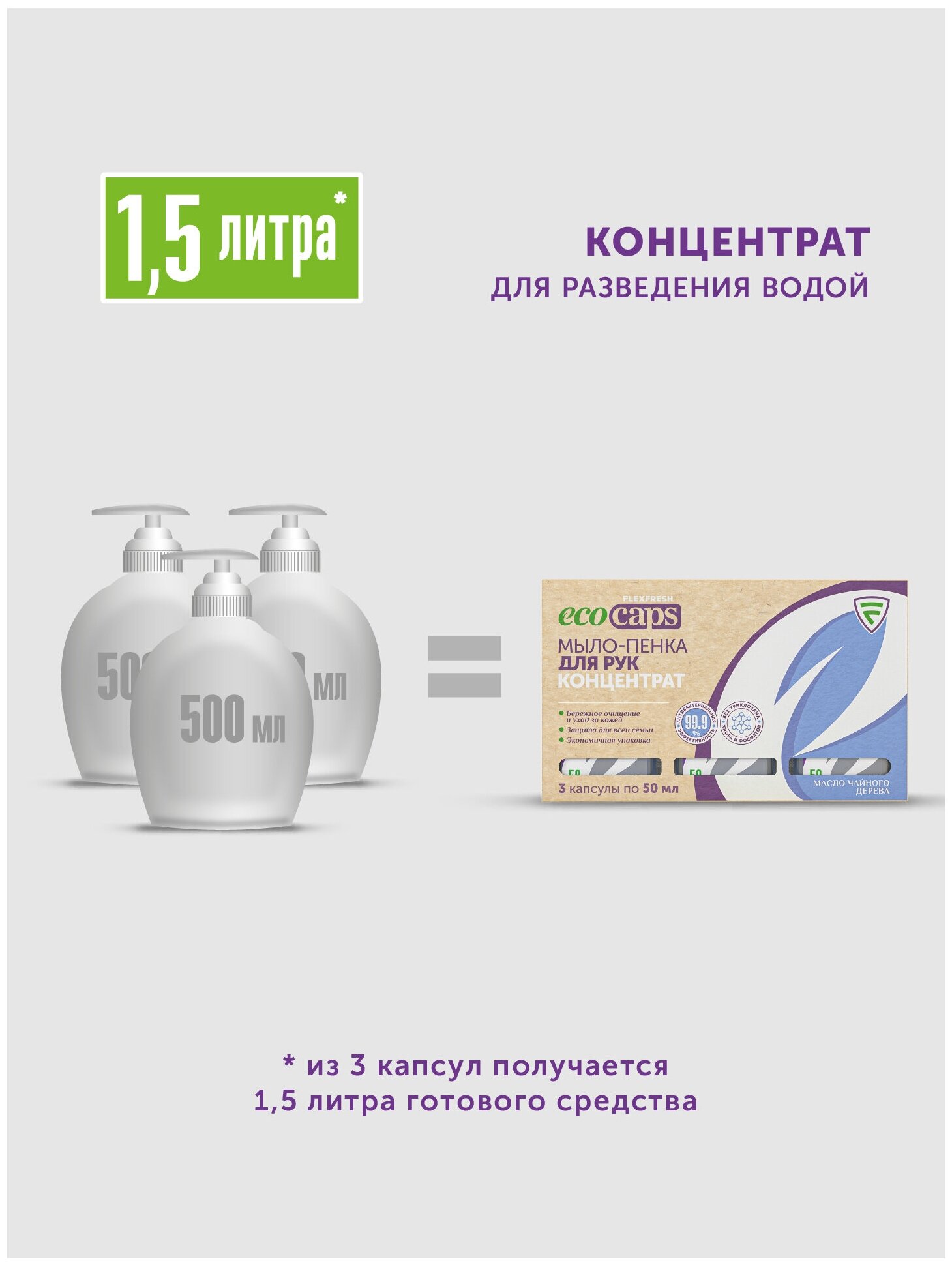 Жидкое мыло-пенка EcoCaps (концентрат для разведения водой, 3х50 мл) аромат Чайное дерево, бежевый дозатор в комплекте — фото 1