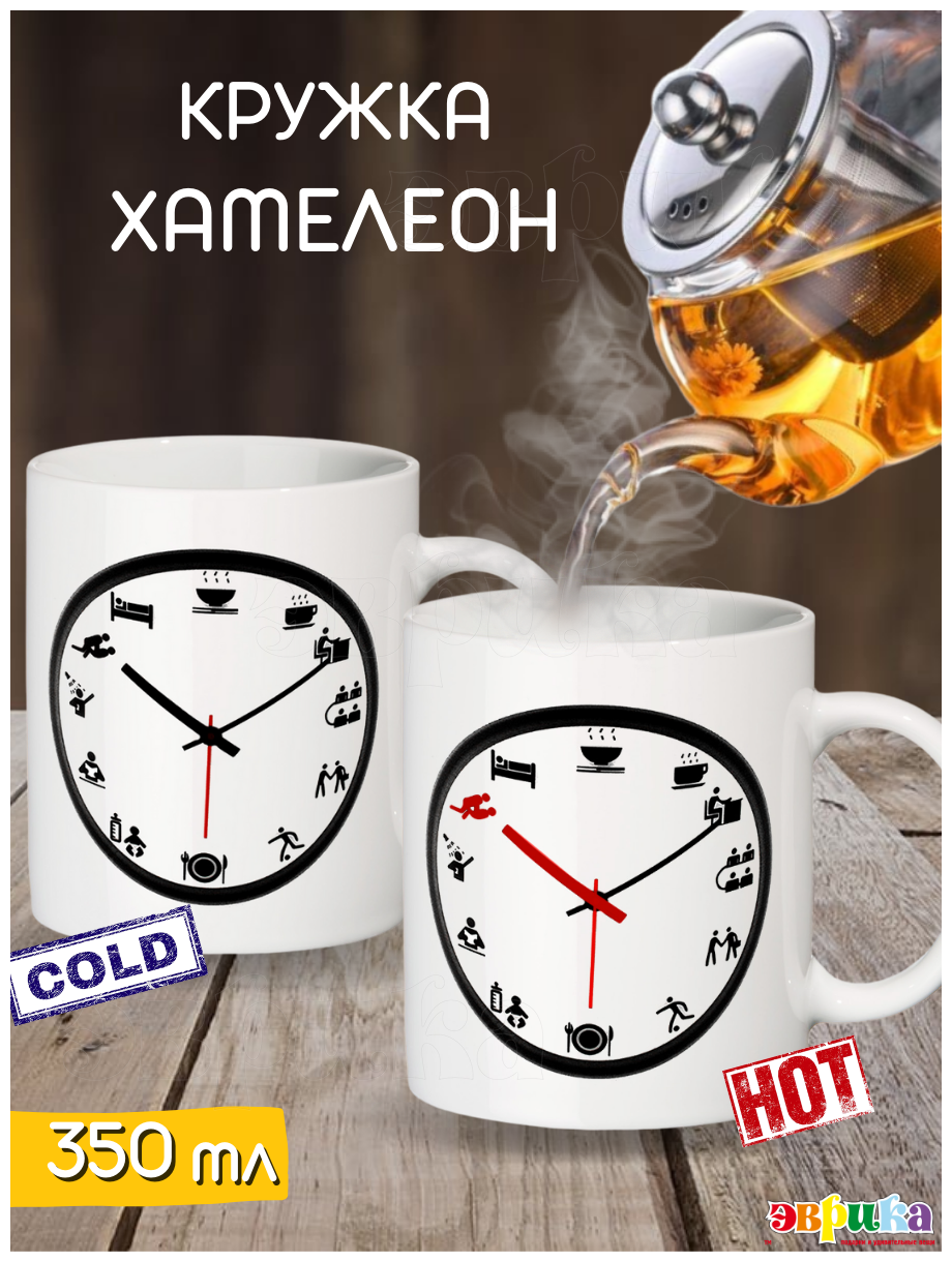 Кружка хамелеон Часы Time 350 мл, белая, чашка для чая и кофе, меняет цвет / рисунок, женская, мужская, подарочная