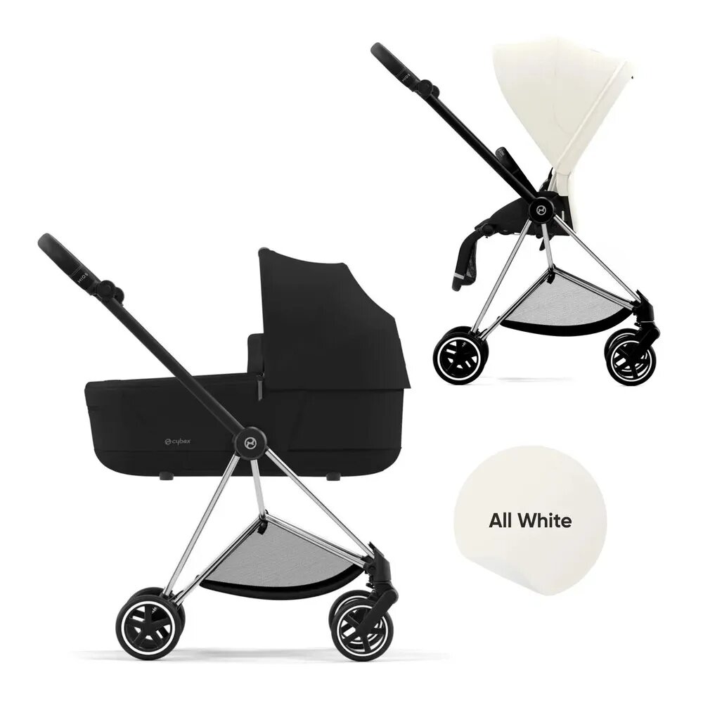 Cybex Mios III Коляска 2 в 1, рама Chrome, текстиль All White/Black с дождевиком и адаптерами