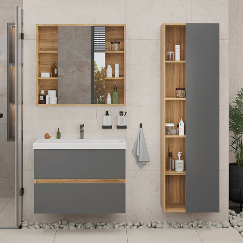 Изображение товара Шкаф-пенал напольно/подвесной SanStar Graffa 50 для ванной комнаты Дуб вотан, графит софт