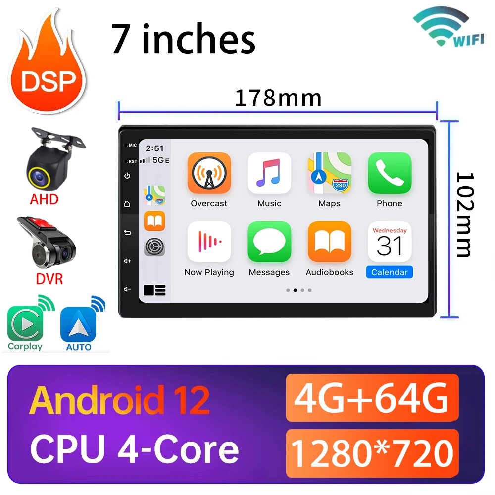 7 / 9 / 10 дюйм Android 13 Автомобильное радио Видео 2 D CarPlay GPS Навигационный экран Мультимедийный проигрыватель Универсальный аудиоковер AI 2 D, 7-4G-64G-AHD-DVR