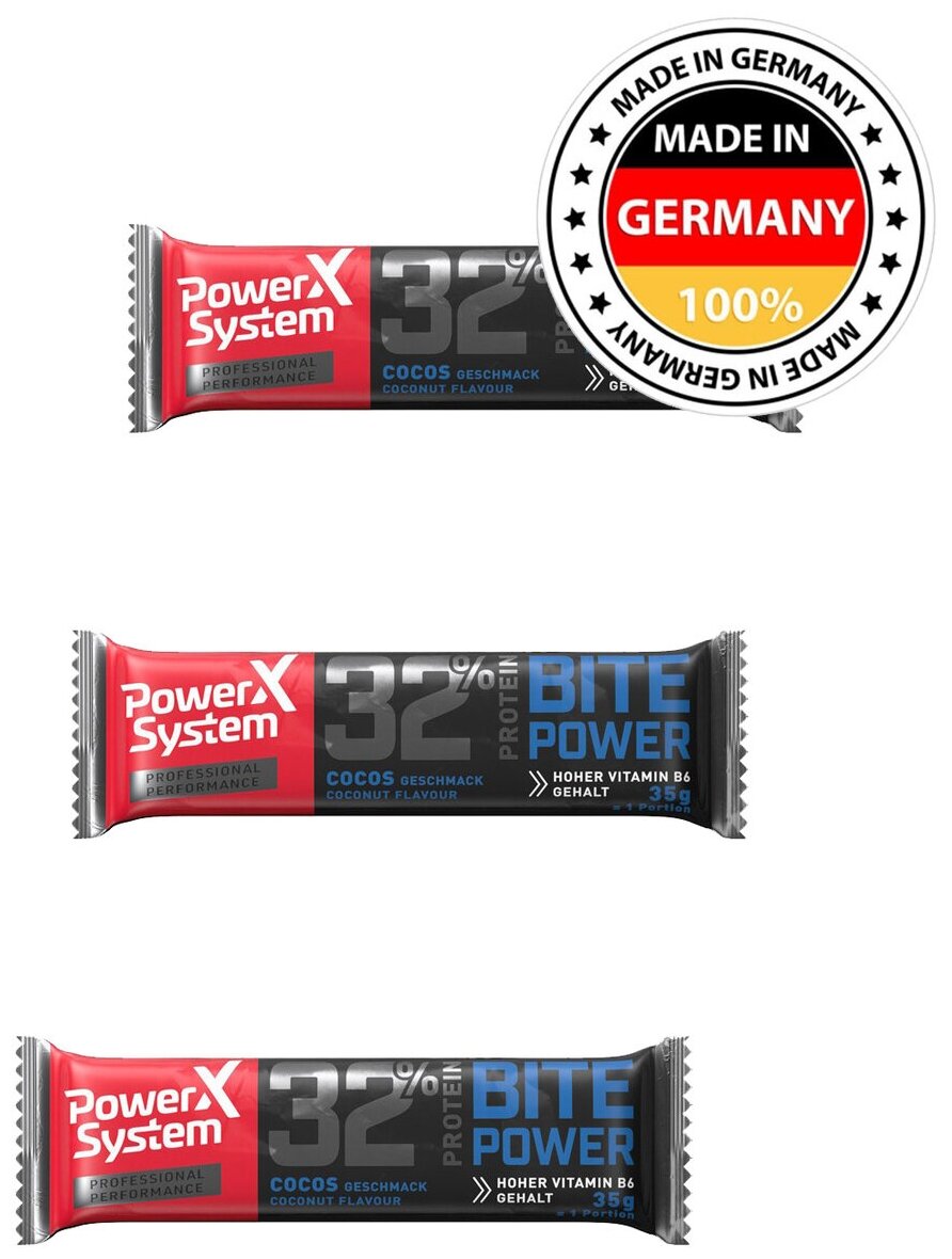 Power System Bite Power Protein Bar (Кокос) 3х35г / Протеиновый батончик (32% белка) с коллагеном и витаминами для похудения и набора мышечной массы женщин и мужчин