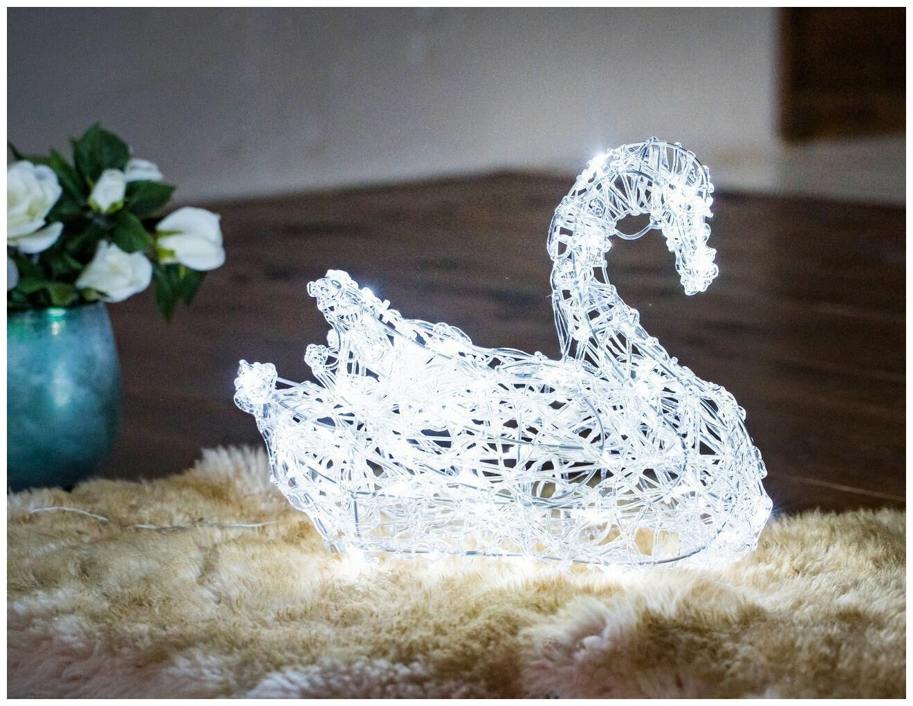 Kaemingk, Светящийся ажурный лебедь прозрачные акриловые нити, 60 холодных белых LED-огней, 30 см+5 м, уличный 491932