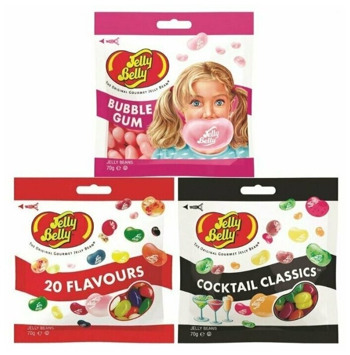 Конфеты Jelly Belly Bubble Gum 70 гр. + 20 вкусов 70 гр. + Классические коктейли 70 гр. (3 шт.)