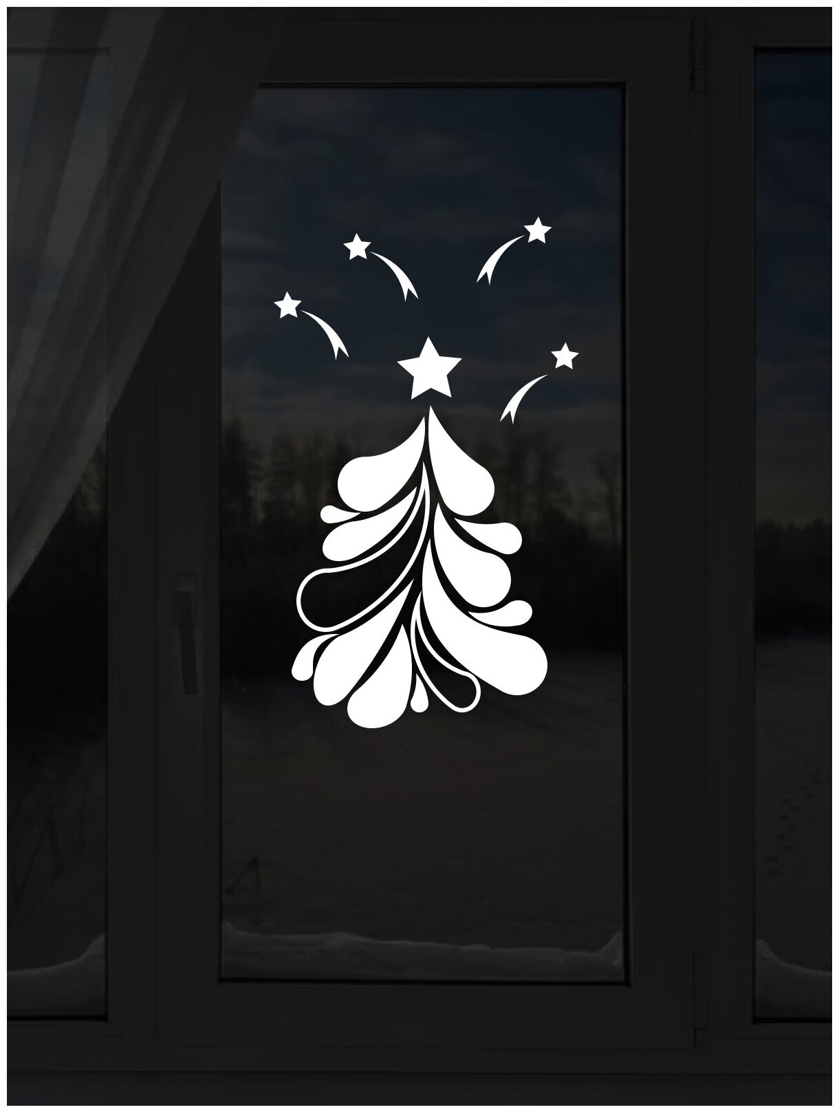 Наклейка новогодняя белая на окно или стену Елочка Лапки 70х48см