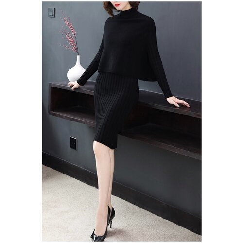 фото Платье-свитер хлопок, повседневное, классическое, прилегающее, до колена, вязаное, утепленное, размер 44/46, черный bgt