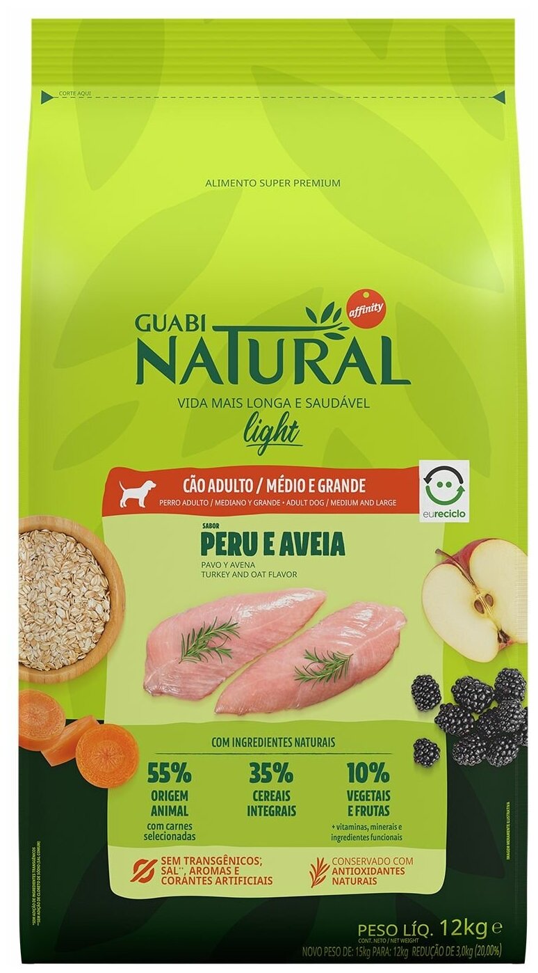 Guabi Natural Dog LIGHT cухой корм низкокалорийный для взрослых собак средних и крупных пород индейка и овёс 12 кг