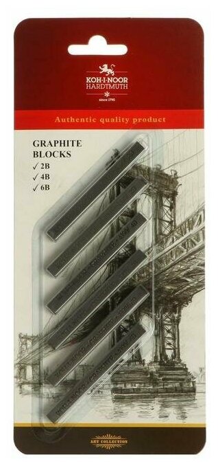 Koh-I-Noor Набор графита художественного 6 штук Koh-I-Noor 4390, брусок 7 х 7 мм, 2B-6B, блистер