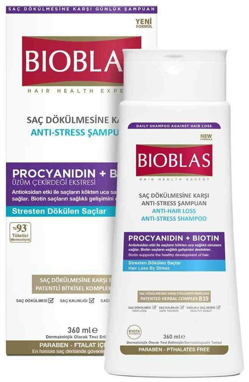 Bioblas Шампунь женский для всех типов волос против выпадения с экстрактом виноградных косточек и биотином, аптечная косметика, 360 мл