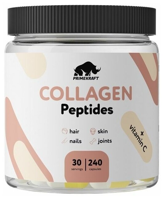 Коллаген говяжий в капсулах 1 и 3 типа PRIMEKRAFT (Hydrolyzed collagen) Натуральный, без добавок, 240 капсул