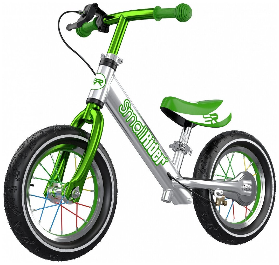 Алюминиевый беговел с ручным тормозом и надувными колесами 12' Small Rider Foot Racer 3 AIR (Серебро-зеленый), MEGA007