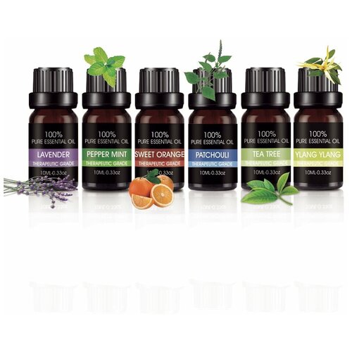 Набор эфирных масел, 6 шт в наборе. Эфирное масло мяты перечной, лаванды, чайного дерева, пачули, иланг-иланг, апельсина