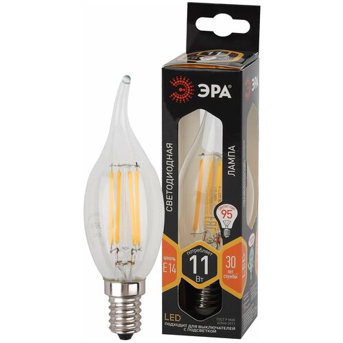 ЭРА F LED BXS 11W 827 E14 (филамент, свеча на ветру, 11Вт, тепл, E14)