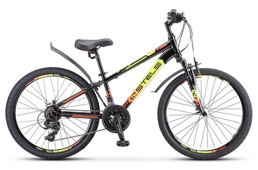 Велосипед подростковый горный Stels Navigator с колесами 24" 400 V F010 рама 12" черный/салатовый/красный 18 скоростей
