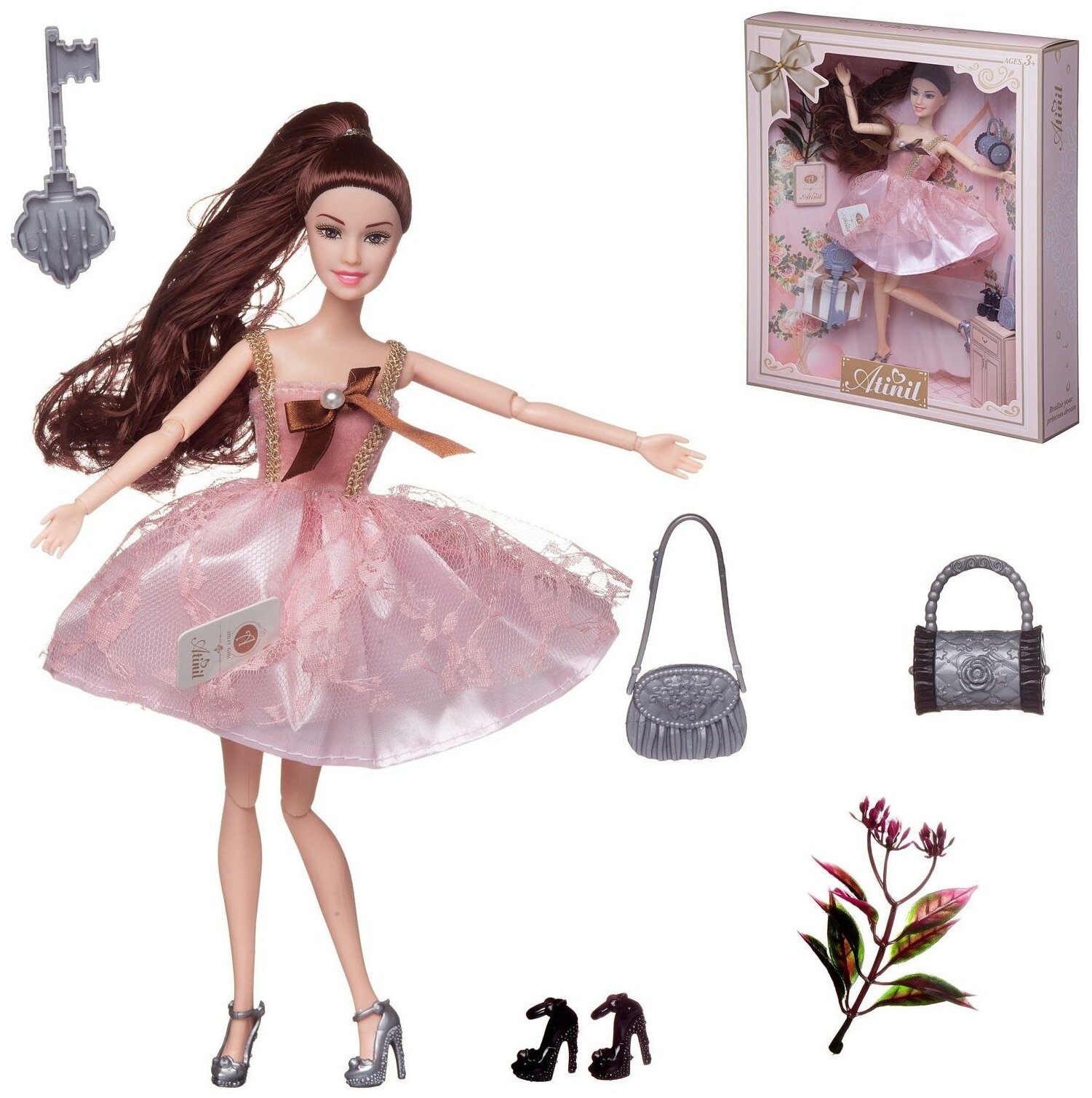 Кукла Junfa Atinil (Атинил) Мой розовый мир в платье с двухслойной юбкой, 28см, шатенка WJ-21547/шатенка