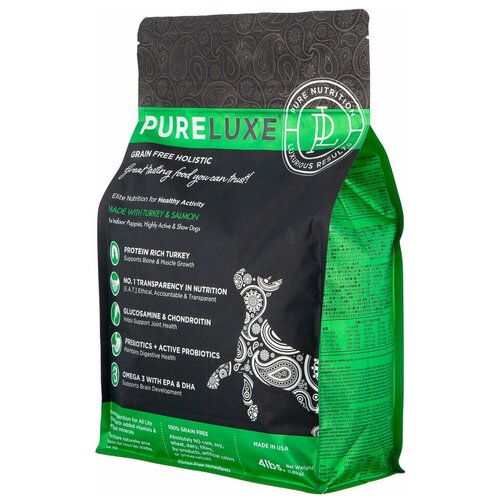 Сухой корм для собак PureLuxe беззерновой, для щенков и активных собак, индейка, лосось 1 уп. х 1 шт. х 1.81 кг